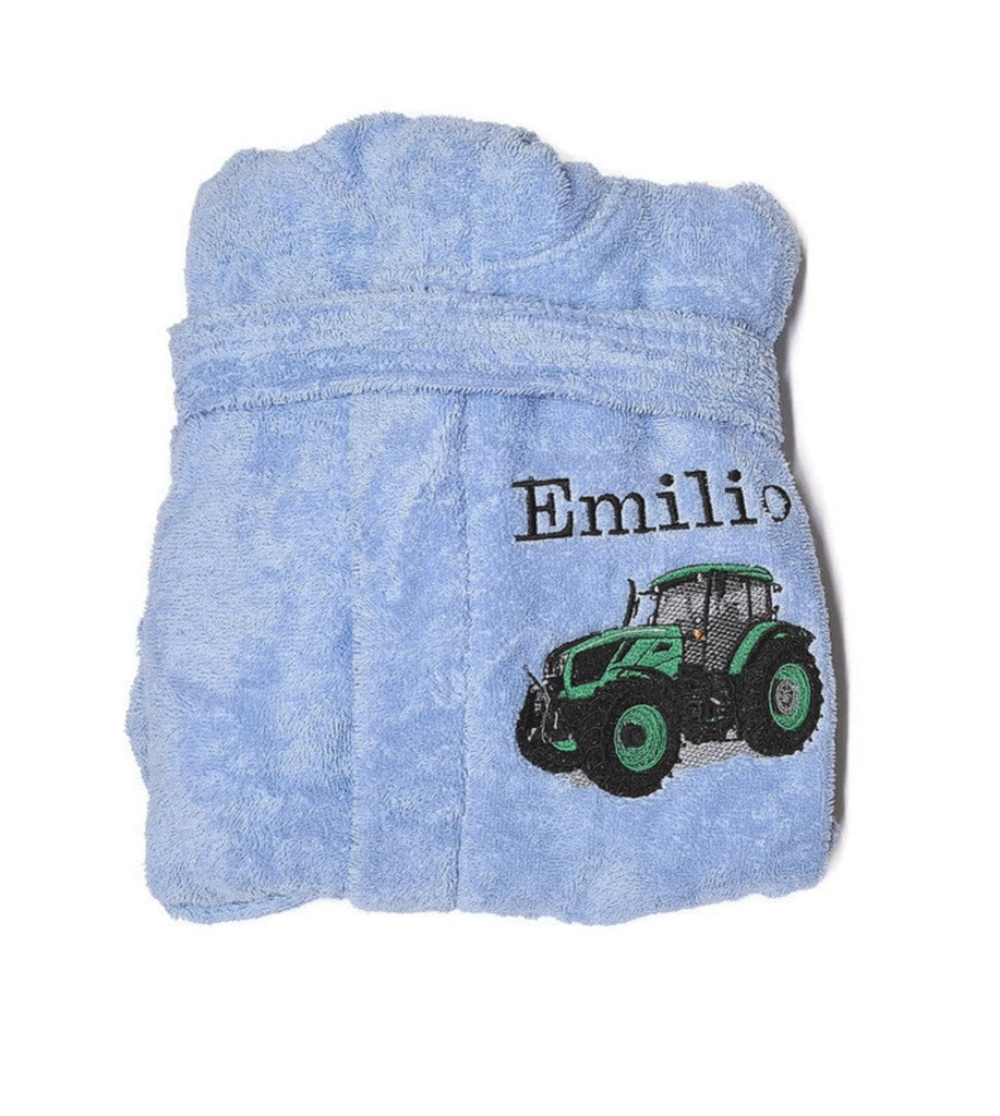 Motif tracteur vert brodé sur peignoir enfant 