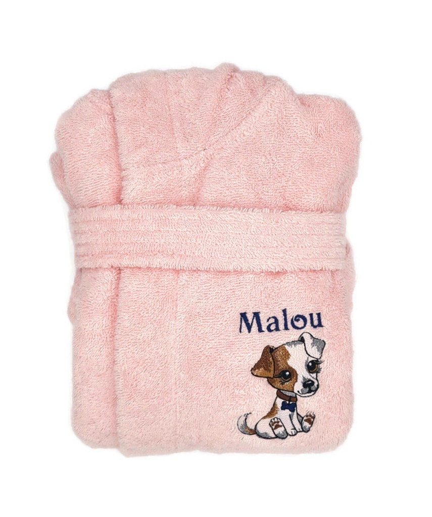 Motif chien brodé sur peignoir éponge enfant. Cadeau personnalisé 