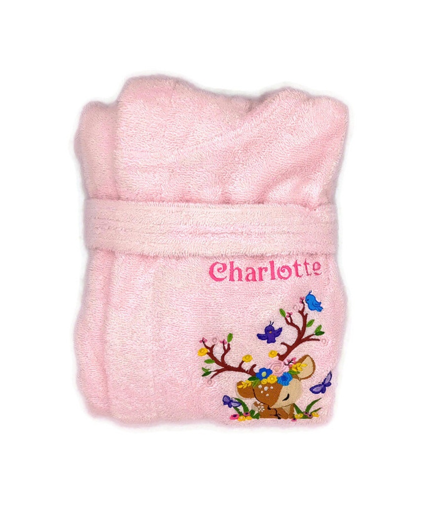 Motif faon brodé sur peignoir éponge enfant. Cadeau personnalisé