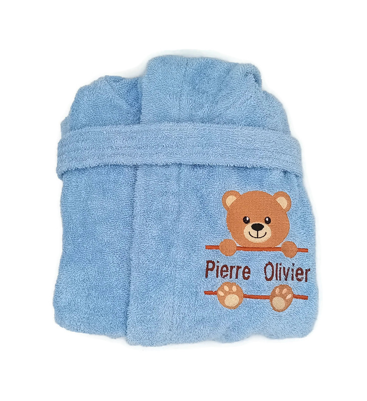 Motif nounours brun brodé sur peignoir enfant 