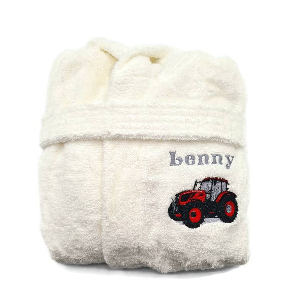 Motif tracteur rouge brodé sur peignoir enfant 