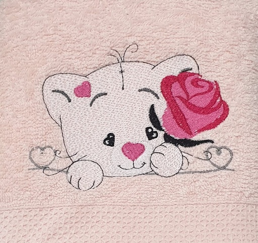Motif chat et rose brodé sur linge de bain au choix