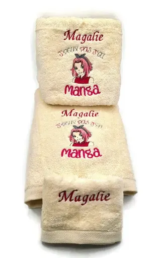 Motif J peux pas j'ai Manga version fille brodé sur linge de bain au choix
