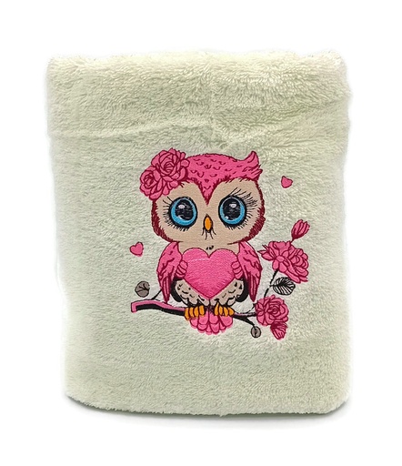 Motif chouette rose brodé sur serviette, drap de bain ou pack complet. Cadeau personnalisé 