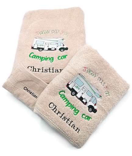 Motif camping car brodé sur serviette, drap de bain ou pack complet. Cadeau personnalisé