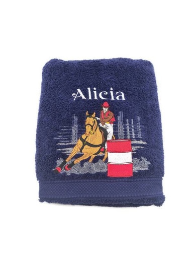 Motif course de baril cheval brodé sur linge de bain au choix