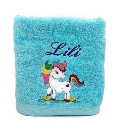 Motif licorne brodé sur serviette, drap de bain ou pack complet. Cadeau personnalisé