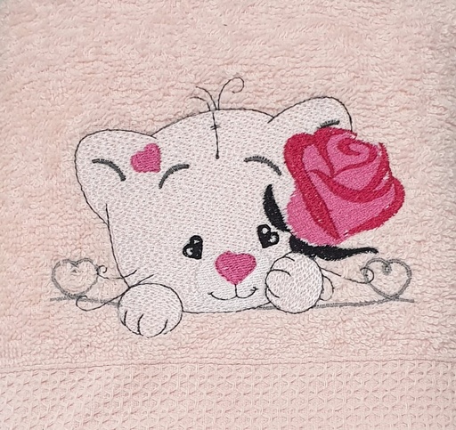 Motif chat et rose brodé sur linge de bain au choix 