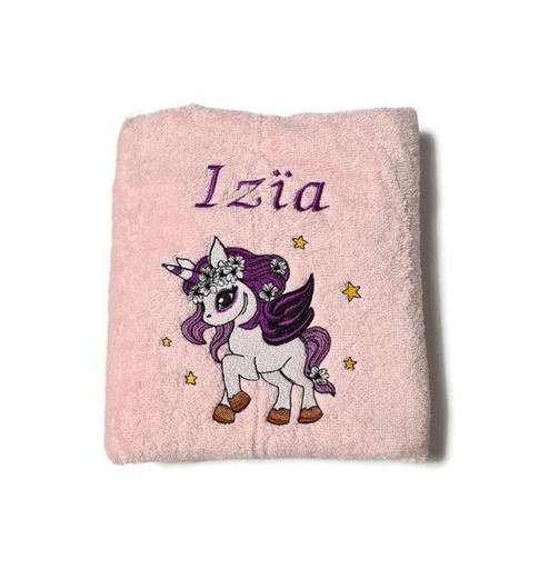 Motif licorne violette brodé sur linge de bain au choix 