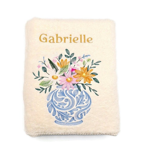 Motif fleurs et vase sur linge de bain au choix