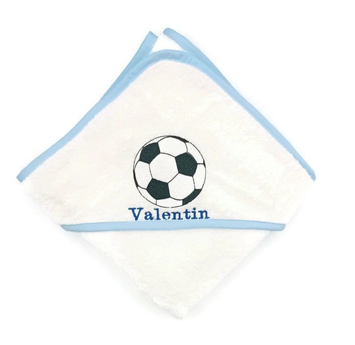 Motif ballon de foot brodé sur cape de bain bébé 