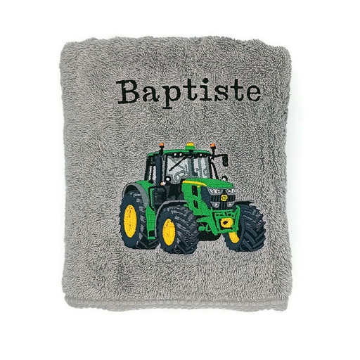 Motif tracteur vert et jaune brodé sur serviette, drap de bain ou pack complet. Cadeau personnalisé